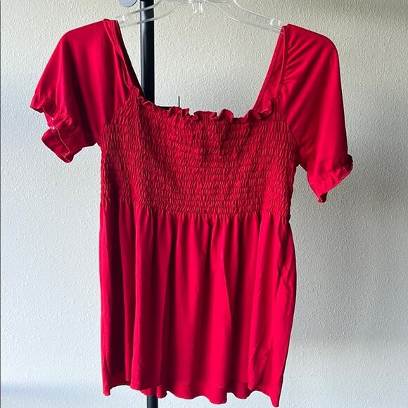 Just My Size Red Smocked Flutter Sleeve Blouse - Picture 8 of 8